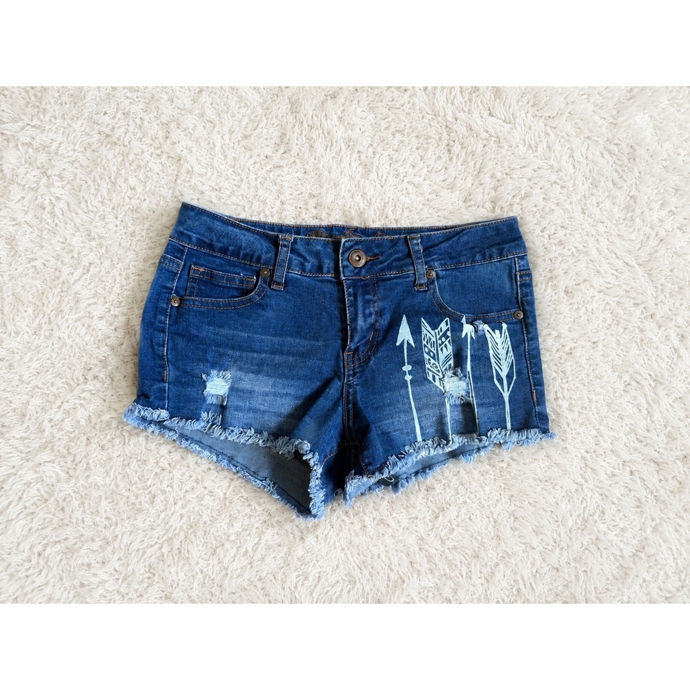 Wax Jean Distressed Arrow Print Denim Shorts Size Small Boho Festival Raw Hem